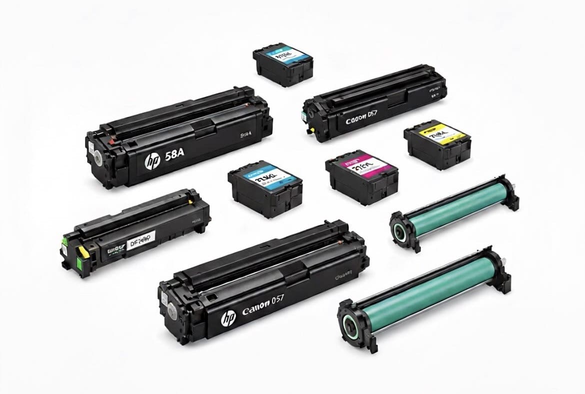 Cartuchos de tinta HP e Canon coloridos dispostos lado a lado, representando a linha de suprimentos comercializada