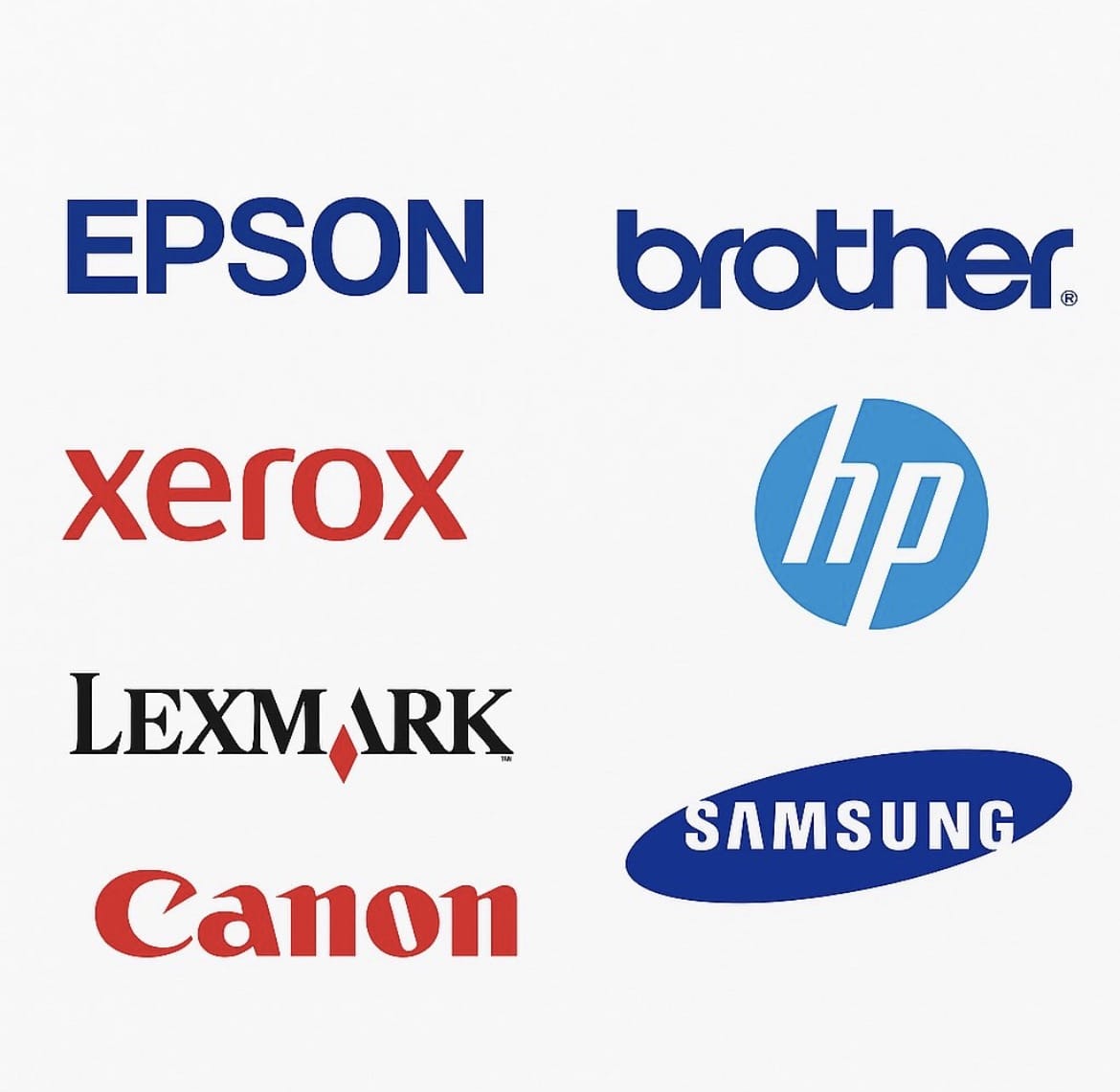 Mosaico com logotipos das marcas atendidas pela consultoria: Epson, Brother, Xerox, HP, Lexmark, Samsung e Canon
